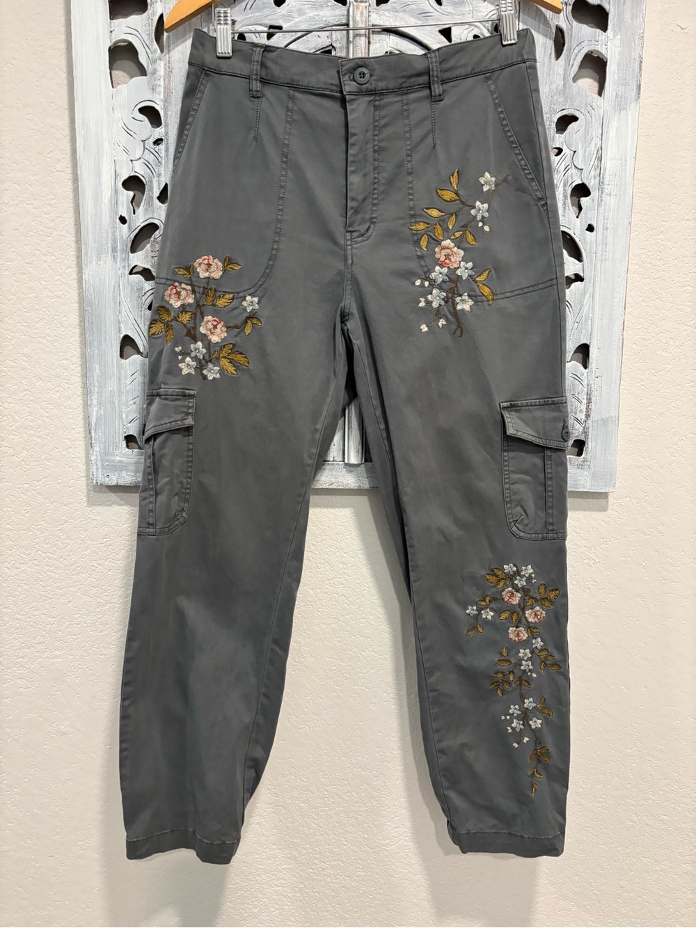 Sundance Gray Embroidered Cargo Pants - Floral Detail